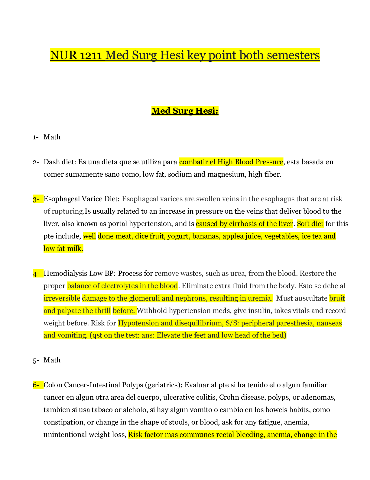 Preview image for NUR 1211 Med Surg Hesi key point both semesters_Grade A | NUR1211 Med Surg Hesi key point both semesters_School Graded